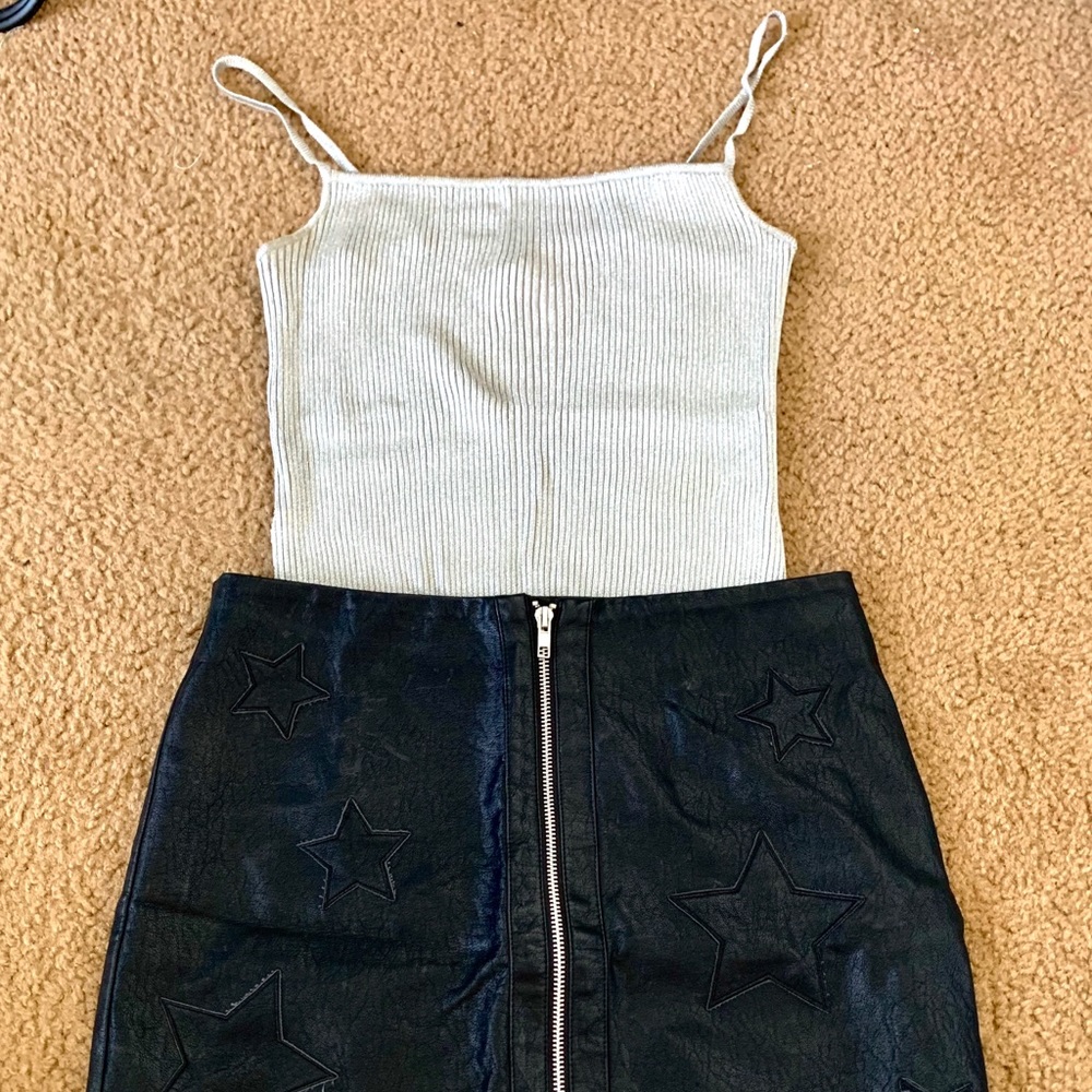 Ribbed Vintage Silver Top w/ Faux Leather Skirt